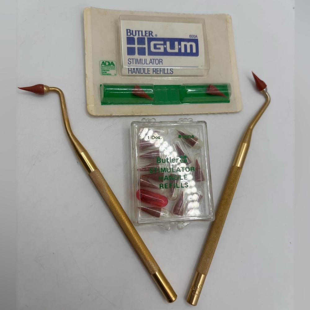 Vintage Gold Tone Dental Butler Gum Stimulators w/ Numerous Refills
